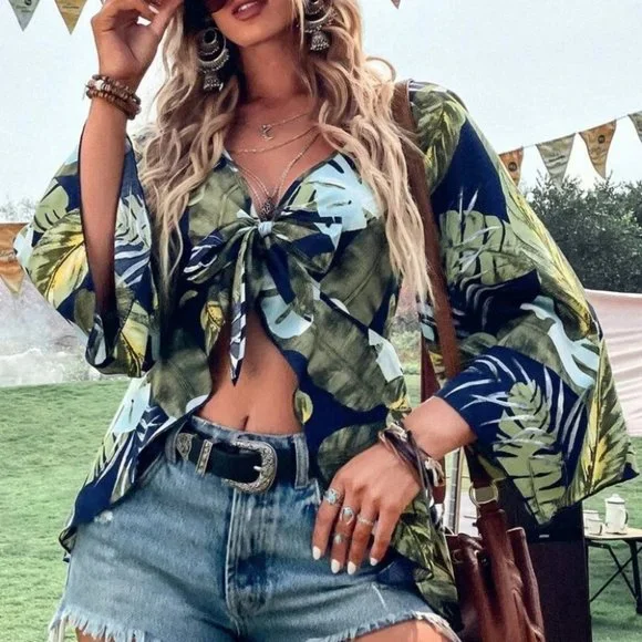 Boho Tropical Print Knot Front Blouse Top - Picture 2 of 5